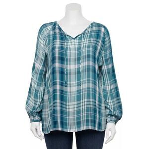 Sonoma‎ Women's Plus Size  Plaid Lighyweight Long Sleeve V-Neck Tops 1X